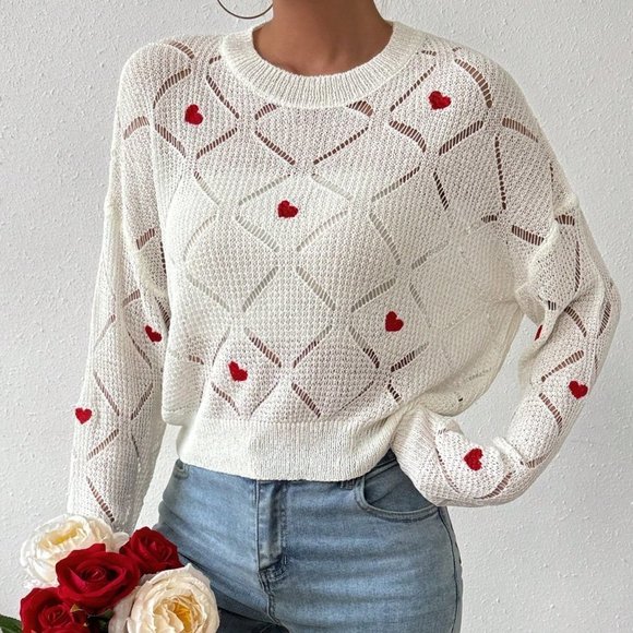 White Casual Womens Love Heart Embroidery Hollow Out Knitted Sweater - Picture 4 of 5